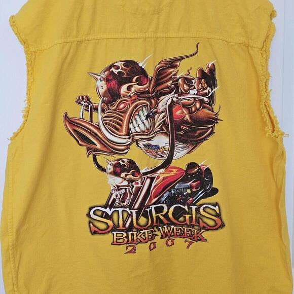 Sturgis Rally 2007 Yellow Sleeveless Denim Motorcycle Bike Week Shirt Mens 5XL - Picture 2 of 12